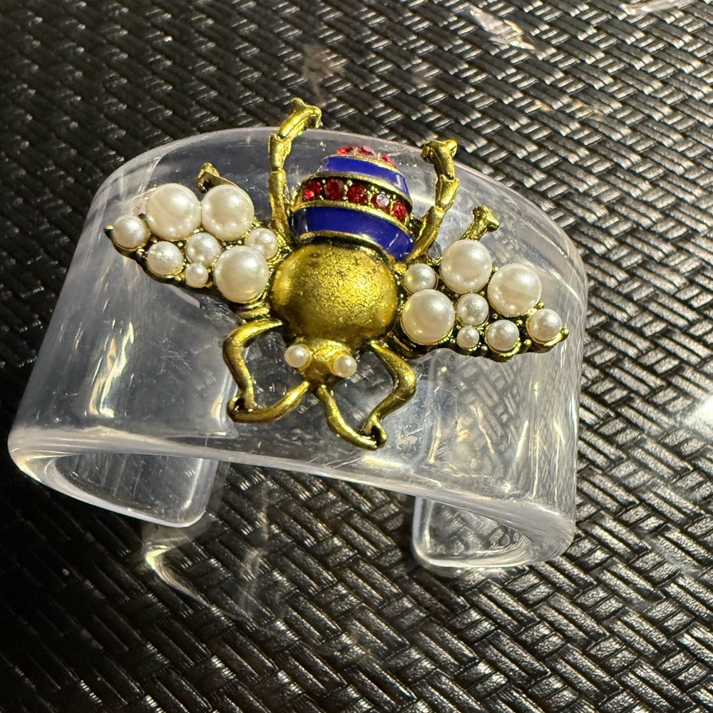 Clear Lucite Cuff Bracelet with Gold Bee and Pearl Wings
